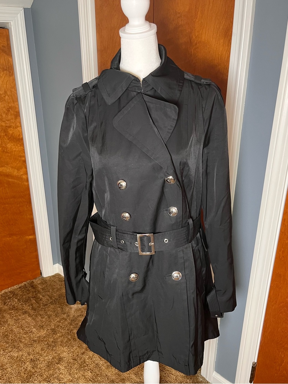 Black Rivet Women's Black Double-Breasted Trench Coat with Belt. Size medium.